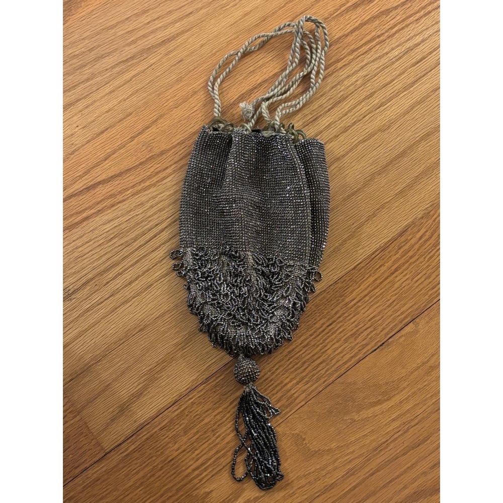 Antique Beaded Drawstring Reticule Purse Gunmetal Tassel Evening Bag Vintage